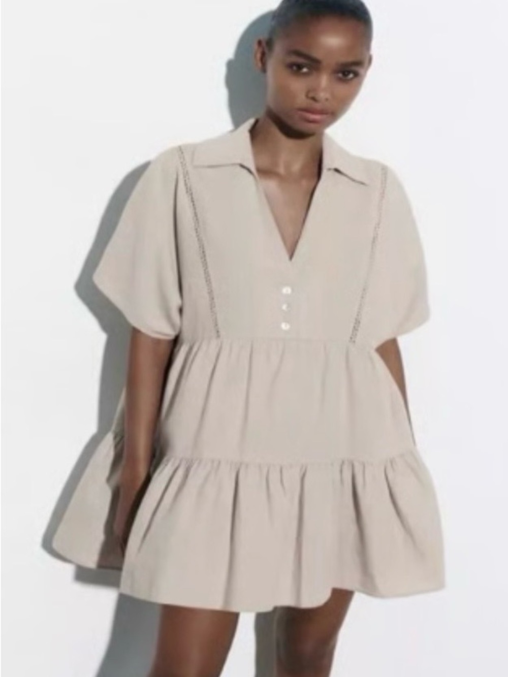 Zara Beige V-Neck Tiered Mini Dress